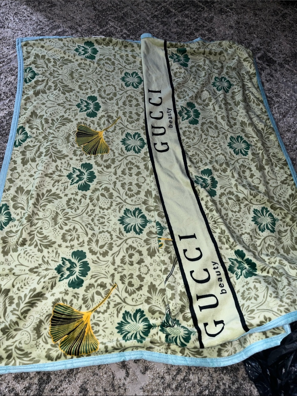 Gucci Floral Beauty Throw Blanket - Black Green & Yellow with Light Blue Trim